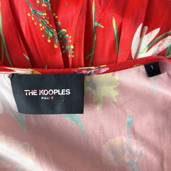 THE KOOPLES Floral Satin Puff Short Sleeve Lace Up Front Ruffle Hem Mini Dress S - Picture 9 of 12